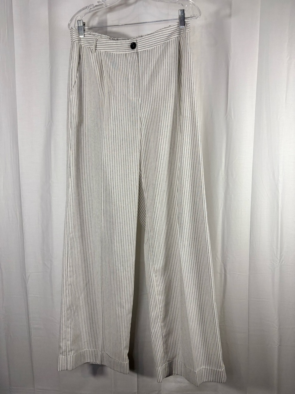 NWT PUROTATTO Striped Wide Leg Cotton Linen Trousers in White and Gray Sz 46/10